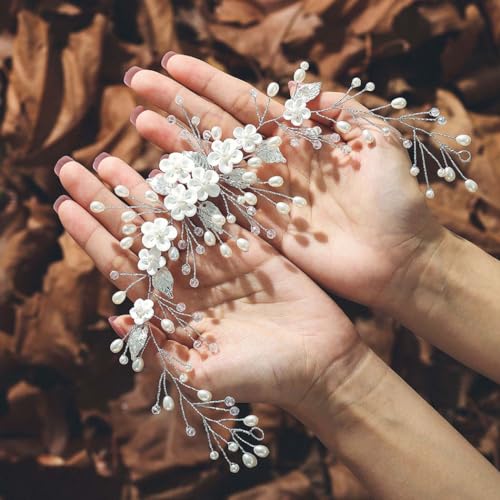 Flower Bride Wedding Hair Vine Silver Pearl Hair Pieces Bridal Headbands Hair Accessories for Women and Girls