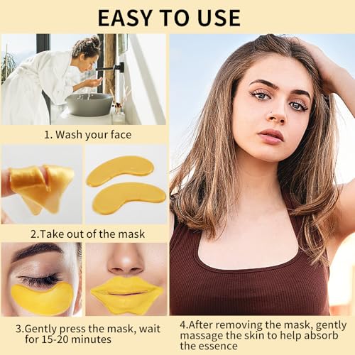 60 Pcs Lip Masks & Eye Masks,Gold Lip Masks,Gold Under Eye Patches for Puffy Eyes and Dark Circles,Collagen Lip Mask Sheet,Moisturizing Lip & Eye Masks Skincare for Dry Lip,Reducing Fine Lines
