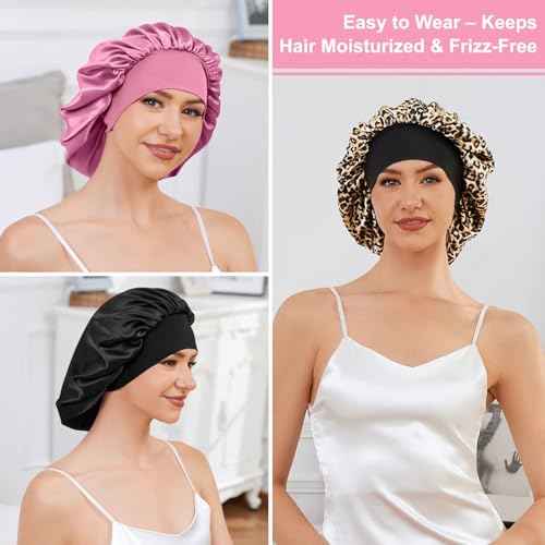 3PCS Silk Sleep Bonnet for Women, Large Satin Hair Caps with Elastic Band for Curly Hair and Frizz Control