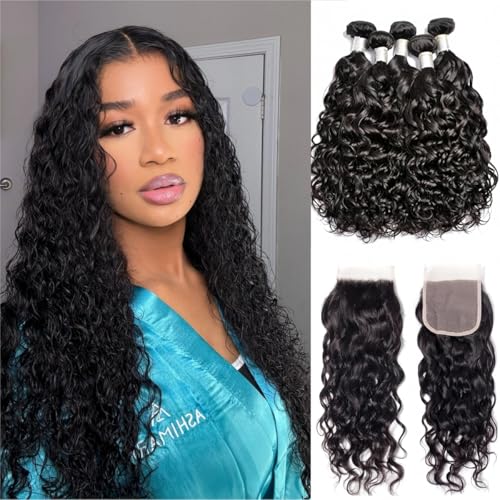 Brazilian Water Wave 5Bundles(50g/bundle) with 4x4 Lace Closure Wet and Wavy Bundles with Closure Deep Curly Bundles Human Hair Bundles with Closure (16/16/16/16/16+16)