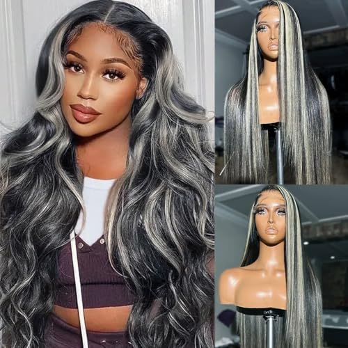 Black with Grey Highlights Wig Human Hair Lace Front Wigs for Black Women Pre Plucked with Baby Hair 180% Density 13x4 Balayage Wear and Go Glueless Wigs Human Hair Straight 16 Inch Tiny Knots