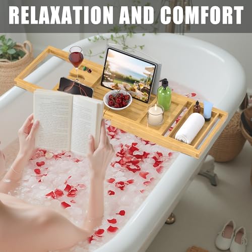 Foldable Bathtub Caddy Tray for Tub,Bamboo Expandable Bath Table Trays,Premium Bathroom Accessories for New Home & Mothers Day & Birthday Gifts for Couples,Natural
