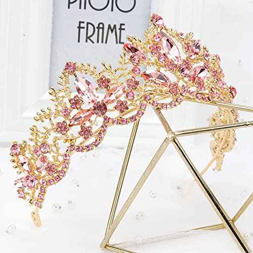 Pink Tiara for Women Gold Crown for Girls Wedding Princess Birthday Crystal Rhinestones Headbands for Prom Bridal Party Halloween Costume Christmas Gift