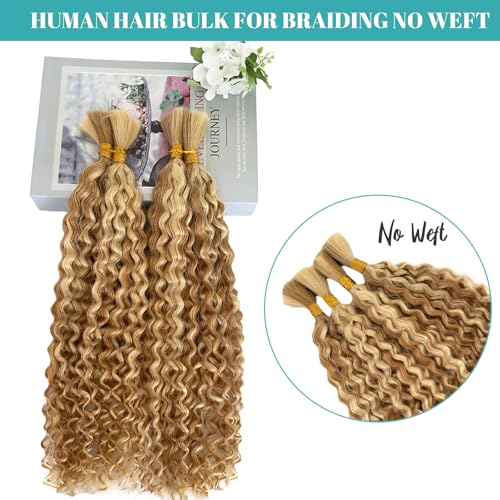 Blonde Braiding Hair 100g 28 Inch Water Wave 2 Bundle Bulk Human Hair for Braiding Highlight Honey Blonde Curly Hair Extensions for Boho Braids Wet and Wavy Human Braiding Hair