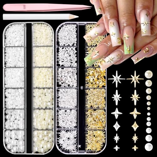 BELICEY 2 Boxes 3D Star Nail Charms Mix Gold Silver Star Cross Charms for Nails Beige White Flatback Pearls for Nails Metal Nail Studs Charms and Gems for DIY Nail Art Supplies Accessories Crafts