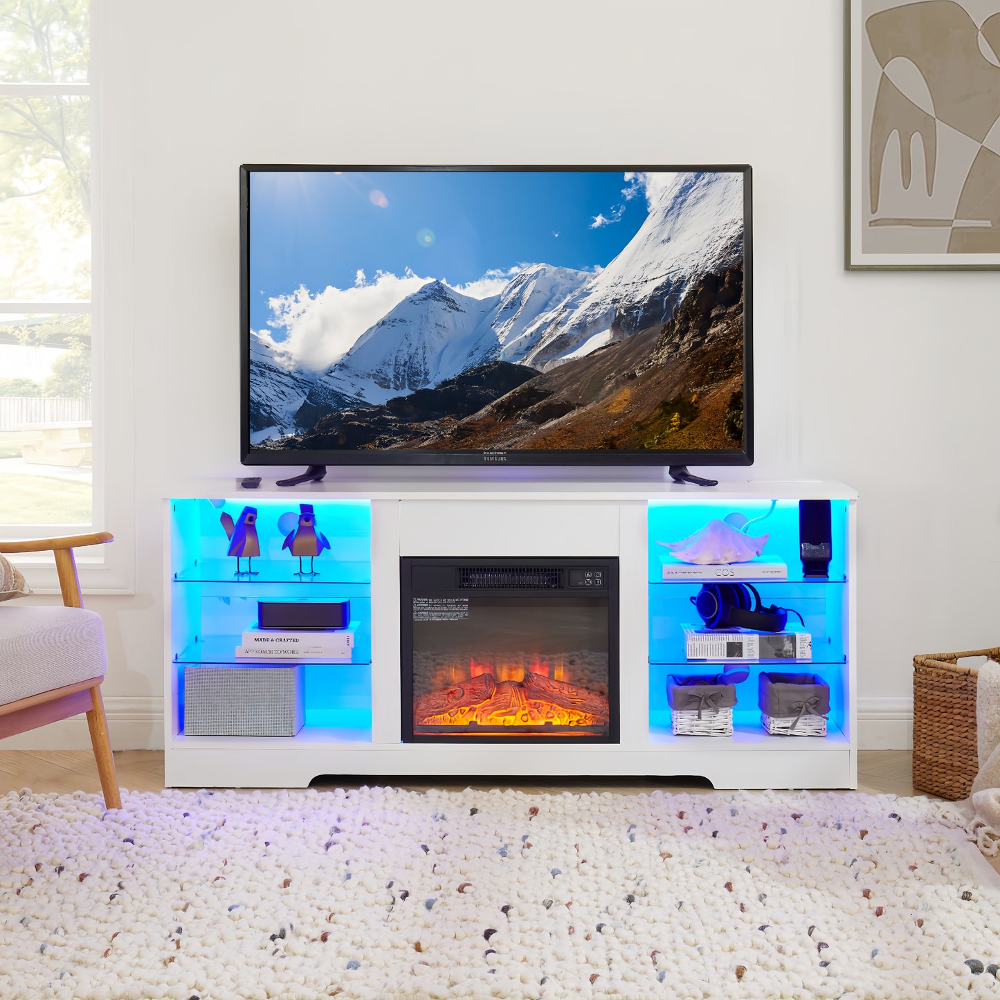 Electric Fireplace TV Stand with Glass Shelves & LED Lights - White