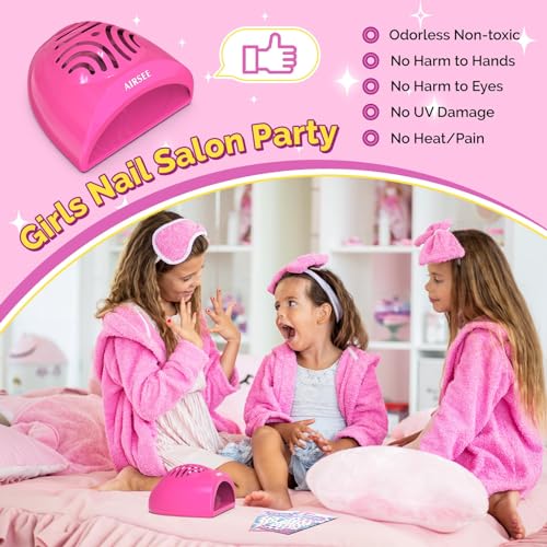 AIRSEE Kids Nail Dryer, Portable Nail Dryer, Mini Nail Fan for Regular Nail Polish - Birthday, Christmas, Party Gift for Grils, Battery Operated, DIY nail art, No Harmful, Two stickers included (Pink)