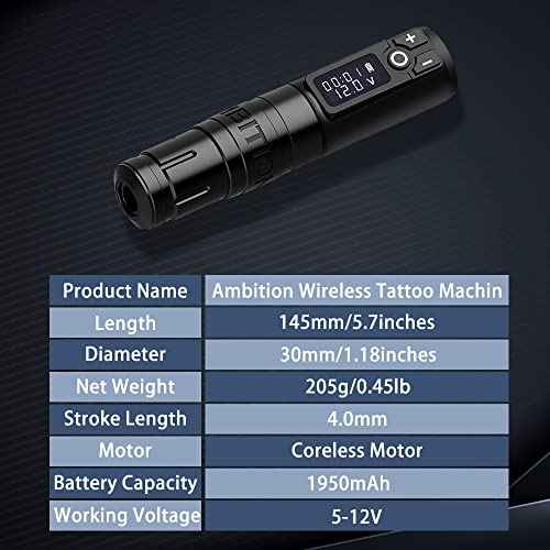 Tattoo Kit - Ambition Complete Wireless Tattoo Machine Kit 1950mAh Digital LED Display Power Supply with 40pcs Tattoo Cartridges Needles Ink Cup Gloves Bandage for Professional Tattoo Artists