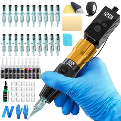 Neebol Wireless Tattoo Gun Kit, 1450mAh Battery with Ring Switch Design, Rotary Tattoo Pen, 20 Cartridge Needles, Complete Tattoo Gun Kit for Beginners and Professionals, Cordless Machine, Golden