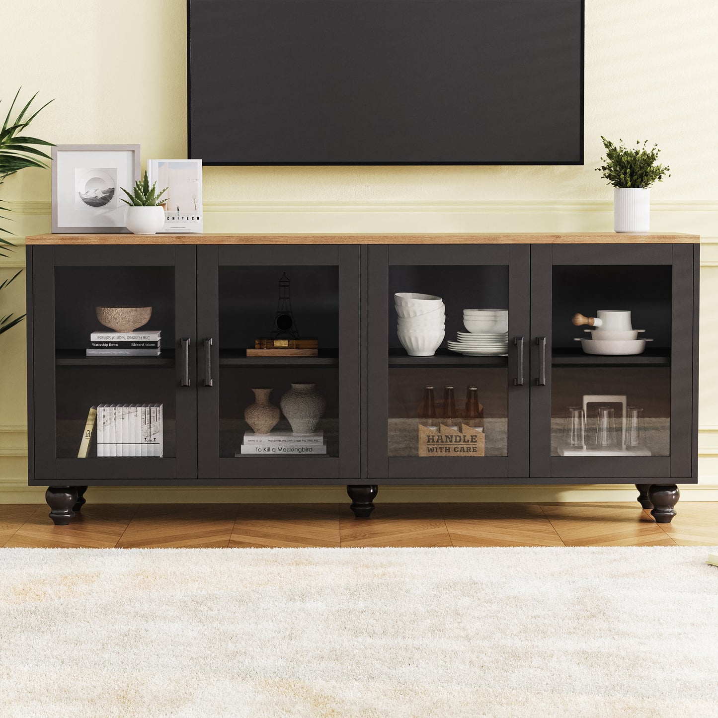 Farmhouse TV Stand with Glass Doors for TVs Up to 70" - Black