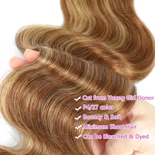 Honey Blonde Brown Highlight Body Wave Human Hair Weave 3 Bundles Brazilian Remy Hair Ombre Blonde Human Hair Wavy Weaves Sew in Piano Color P4/27