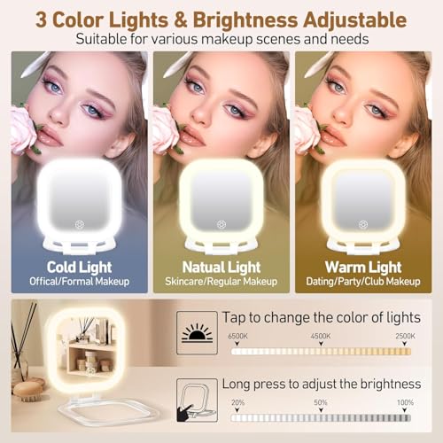Travel Mirror with Light, 1x/30x Magnifying Mirror with 3 Color Lights and Adjustable Brightness, 4.5x3.9 inch Small Compact Hangable Hand Pocket 3 Way Mirrors, Comes with Tweezer