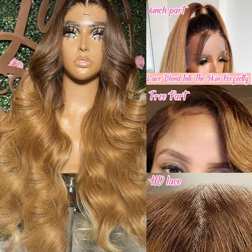 Smavida Highlights Blonde Lace Front Wigs Human Hair,13x6 Honey Blonde HD Lace Front Wig Pre Plucked with Baby Hair Highlight Ombre 4/27 Body Wave Lace Frontal Wig for Women 150% Density 22 Inch