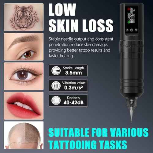 Tattoo Gun Kit Complete Wireless Tattoo Machine Kit, Kiss of Dragon V1S Rotary Adjustable Stroke Tattoo Pen with 1600 mAh Cordless Battery Tattoo Cartridge Needles Set for Beginners