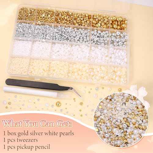 20000Pcs Gold Silver Flatback Nail Pearls for Crafts, Mixed Size 2-8mm Half Round Nails Beads Pearl for Nail Art, White Beige Pearl Gems for Crafts DIY Clothes Mugs Shoes with Pickup Tools