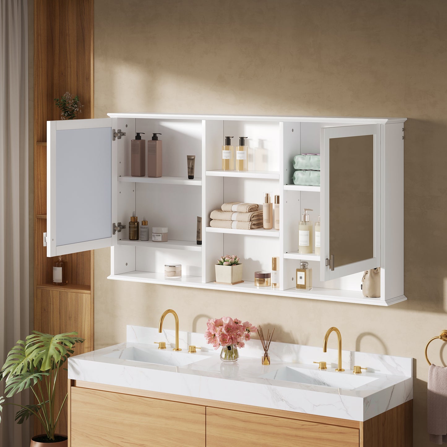 55-Inch Wall-Mount Mirror Cabinet with Adjustable Shelves - White