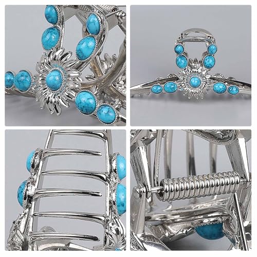 Turquoise Hair Clip, Western Claw Clips, Turquoise Claw Clip, Gems Hair Accessories, Western Hairs Accessories, Blue Metal Claws Clips for Thick Hairs Large (Sun Flower)