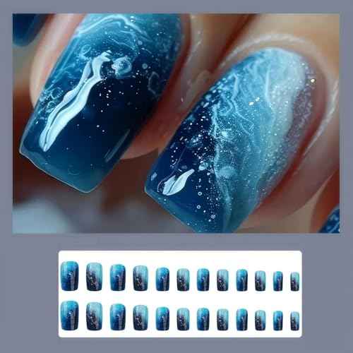 Medium Square Nails Press Ons Blue Press on Nails Blue Marble Designs False Nails Full Cover Artificial Acrylic Nails 24pcs-Deep Ocean Waves
