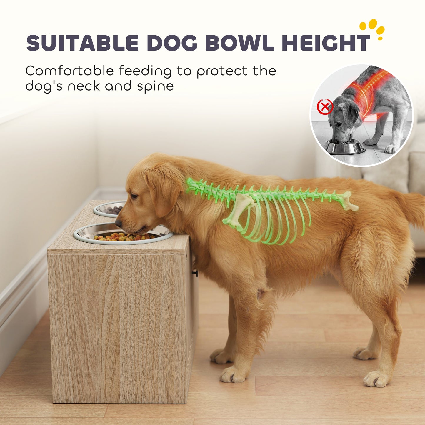 Elevated Dog Feeding Station with Storage Cabinet & Stainless Steel Bowls - Oak