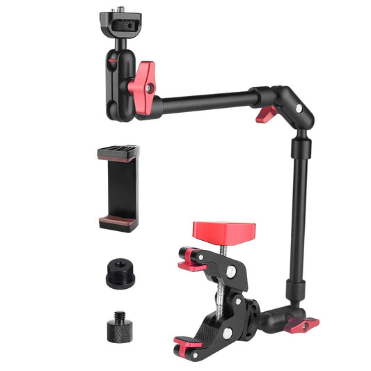 22" Magic Arm w Clamp Camera Mount, Overhead Phone Mount w Dual Ball Head Articulating Mic Boom Arm, 3/8" 5/8" Screw Adapters, Adjustable Camera Desk Mount Stand for Webcam Tripod Light Video Rig
