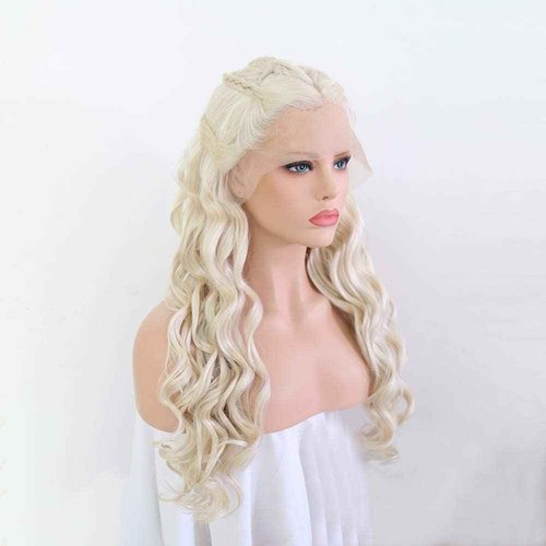 RONGDUOYI 26" Cosplay Braiding Hair Style Wig Blonde Body Wave Synthetic Lace Front Wig with Six Plaits Pre Plucked Glueless Halloween Cosplay Party Wigs