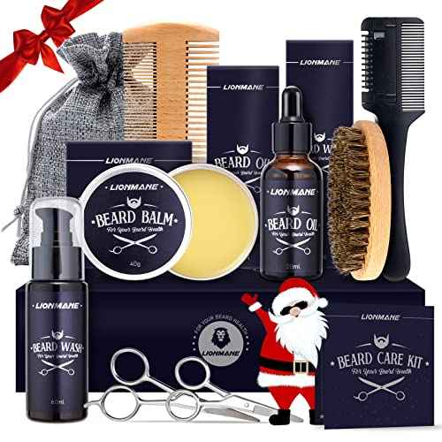 Lionmane Beard Care Christmas Gifts Kit for Men, Beard Mustache Grooming Kit-Beard Balm, Beard Wash, Beard Oil, Brush, Scissors, Birthday Anniversary Thanksgiving Gifts for Husband/Boyfriend/Dad/Him