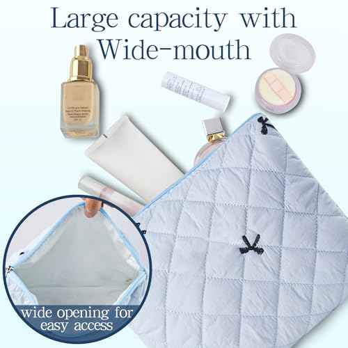 3Pcs Quilted Makeup Bag, Cute Floral Cotton Cosmetic Bag set, Coquette Bow Makeup Pouch Large Travel Toiletry Bag