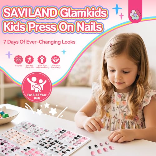 SAVILAND 7 Days Press on Nails for Kids: 168Pcs Children False Artificial Fake Nail Tips Sweet Edgy Pre-glue Full Cover Short Acrylic Nails with Nail Adhesive Tabs Gifts for Girls 8-12 Year (GlamKids)