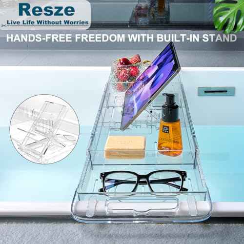 Premium Clear Bathtub Caddy Tray, Expandable Plastic Bath Tray with BPA-Free, Waterproof Foldable Bathtub Shelf, Perfect for a New Home & Mother¡¯s Day & a Birthday Gift for Mom