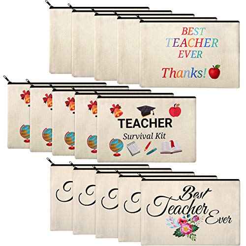 Frienda 15-Piece Teacher Makeup Bag Set - Canvas Cosmetic Bags with Zipper, 3 Styles - Travel Toiletry Pouch - Teacher Appreciation Gift Bags