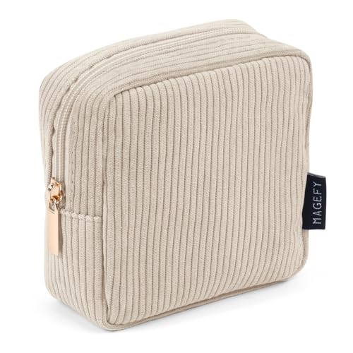 MAGEFY Small Makeup Bag for Purse Mini Cosmetics Bag Corduroy Cute Cosmetic Pouch for Women with Slip-in Pockets