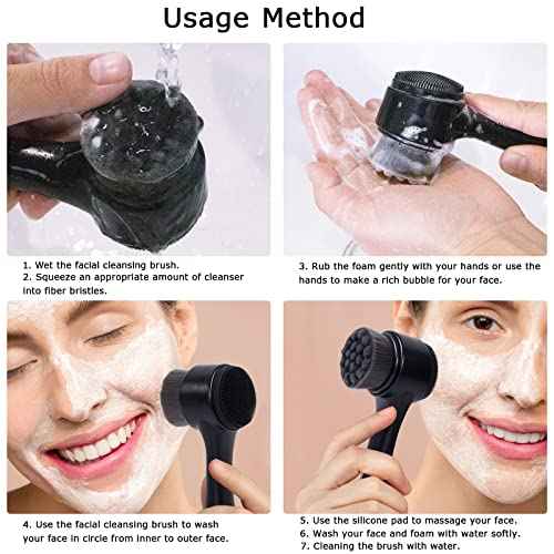 Face Brush 2 in 1, Facial Cleansing Exfoliating Scrubber Brush, Silicone Double Side Manual Face Wash Scrub Brush with Soft Bamboo Charcoal Fiber for Deep Pore Cleansing, Massaging, Skin Care