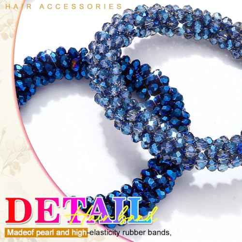 Fashey Rhinestone Hair Tie Fancy Ponytail Holders Blue Beaded Scrunchies Hair Accessories for Women