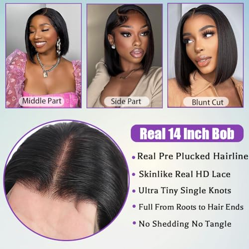 Bob Wig Human Hair 13x6 Hd Transparent Wigs Human Hair Pre Plucked With Baby Hair Glueless Wigs Human Hair 180% Density Straight Frontal Lace Wigs For Women Natural Color 16 Inch