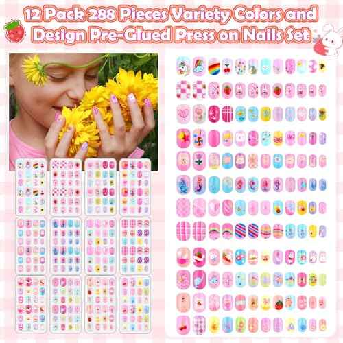 288 Pieces Kids Nails Press ons for Girls, Acejoz Fake Nail Set Pre Glue Stick on Short Nails for Children Little Girls 8-12 Year Nail Art Decoration