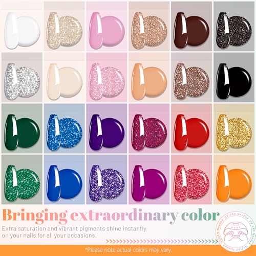 ABAC 24 Color Solid Gel Nail Polish,Ombre Gel Nail Polish,Pat Paint Nail Gel- Hema-Free No-Spill Formula w/Pro Brush Christmas NYE Party Nails,DIY Gift Set Clump-Free Shimmer