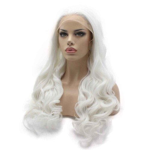 Lushy Long 24inch Wavy White Wig Heat Resistant Heavy Density Realistic Synthetic Lace Front Wig