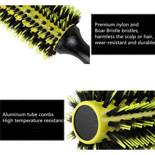 3 in 1 Ceramic & Ionic Bristle Round Barrel Hair Brush Set for Women & Men - Professional Styling, Blow Drying, Curling with Boar Bristle Brush & Scalp Comb (Yellow)