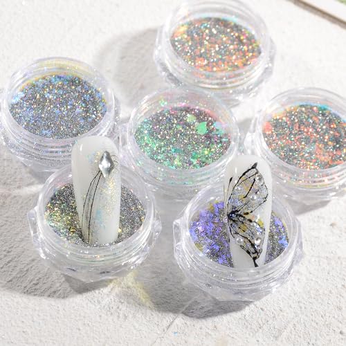 6 Colors Nail Art Glitter Diamond Dust Iridescent Nail Powder Chunky Glitter Confetti Foil Flakes Sequins for Nail Art Supplies, Gel Polish, Mermaid Makeup, Body, Resin ? Glittering Iridescence