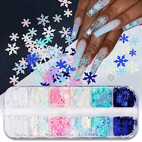 12 Grids Snowflake Nail Art Glitters 3D Snowflakes Nail Glitter Flakes Confetti Design Snowflakes Nails Stickers Decals Winter Christmas Glitter Sequins Nails Art Supplies for Women Grils Decor Xmas