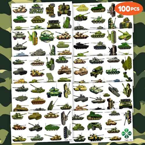 100 PCS Tank Military Temporary Tattoos Themed Birthday Party Decorations Favors Supplies Decor Army Camo Camouflage Soldier Tattoo Stickers Gifts For Game Boys Girls Classroom School Prizes Christmas