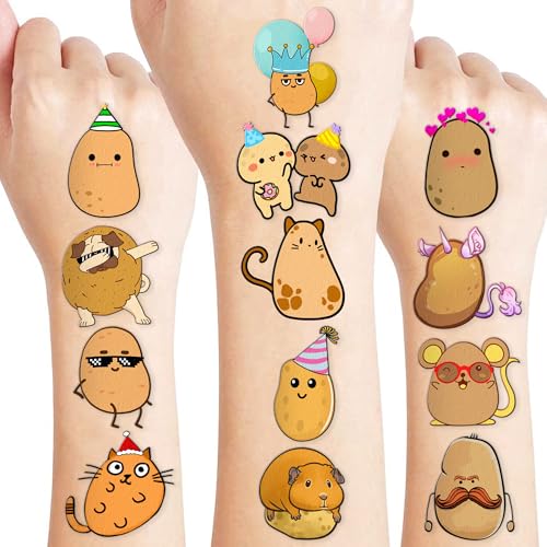 96PCS Potato Pre-cut Temporary Tattoos 8 Sheets Sweet Potato Party Decorations Supplies Favors Chip Potato Theme Birthday Cute Stickers Christmas Gifts for Boys Girls Class School Prizes Carnival