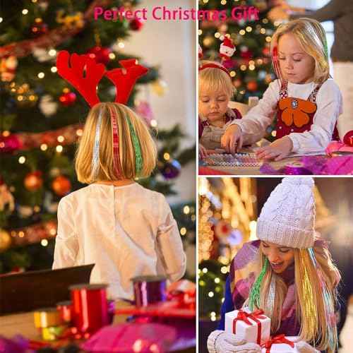 Hair Tinsel Clip in Extensions Silver Fairy Glitter Tinsel Kit for Women Heat Resistant 21.5In 6Pcs Festival Accessories for Party, Christmas, New Year, Halloween, Cosplay