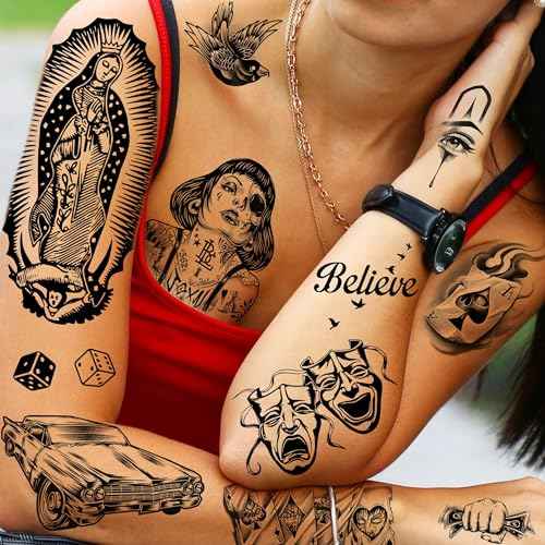 6 Sheets Large Chicano Temporary Tattoos For Men Women Adult, Chicana Guadalupe Gangster Fake Tattoos Prisoner Day of the Dead, Halloween Mexico Tattoo Stickers, Tatuajes Temporales Autocolante