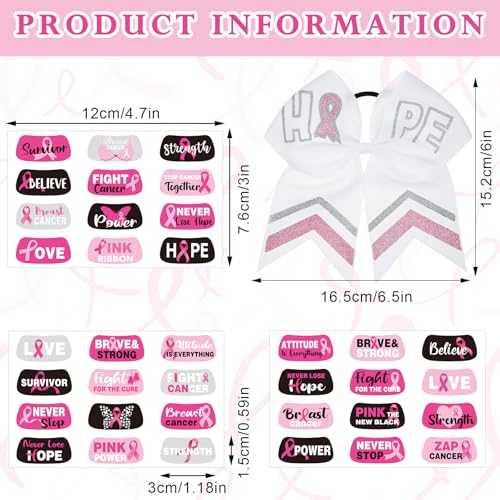 16 Pcs 8" Large Cheer Hair Bow and 15 Sheets Breast Cancer Awareness Temporary Tattoos Ribbon Stickers for Fundraising Party Teen Girls College Cheerleading Decoration(White Ribbon)