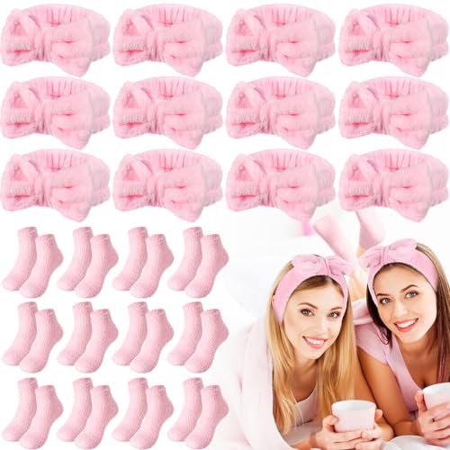 24 Pcs Pink Spa Party Favors Sleepover Party Supplies for Girls Include 12 Spa Headband, 12 Fuzzy Socks for Slumber, Bachelorette, Pajama Gift
