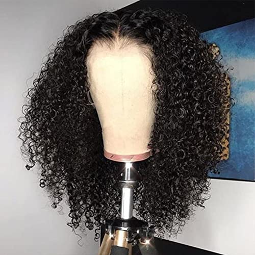 Bob Wig Human Hair Afro Kinky Curly 13x4 Frontal Lace Wig Human Hair 180 Density Glueless Wig Human Hair Pre Plucked with Baby Hair Short Bob Wigs for Black Women Natural Color 16 inch