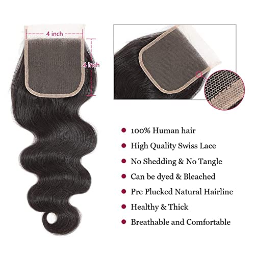 Body Wave Bundles with Closure Human Hair (18 20 22+16Inch) Brazilian 3 4x4 HD Lace Free Part 10A Grade 100% Unprocessed Virgin Natural Color