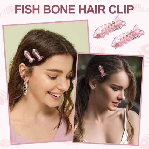 4pcs Fish Bone Hair Clips, Translucent Pink Small Barrettes, Resin No Crease Bangs Kawaii Hairpin, Duckbill Hair Accessories for Women Girls Toddlers Birthday Christmas Party