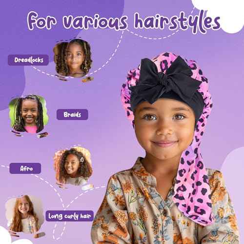 Lolalet Kids Bonnets for Girls, Long Silk Bonnet for Sleeping Kids Satin Bonnet Cap with Tie Band (F -1 Pc, Leopard)